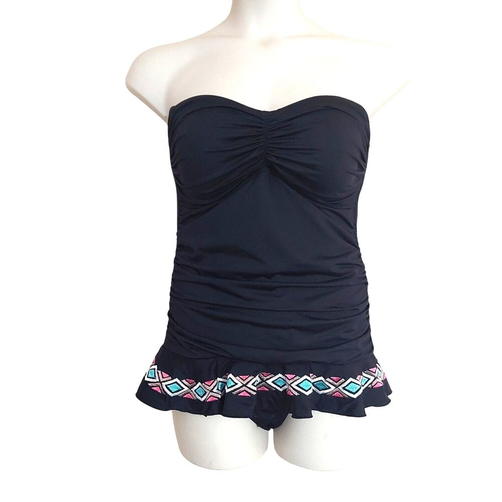 La Blanca Black Aztec Embroidered Ruffle One-Piece Swimsuit - Picture 3 of 7